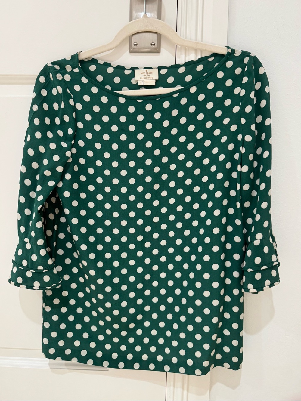 Kate Spade Silk Emerald Green Polka Dot Blouse Size 2